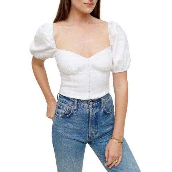 Reformation Rome White 100% Linen Puff Sleeve Smocked Cropped Peasant Top Sz 10 - Picture 2 of 9
